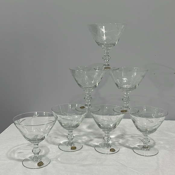 Vintage MCM Bohemia crystal etched champagne sorbet cocktails glasses set of 7 - Picture 2 of 15